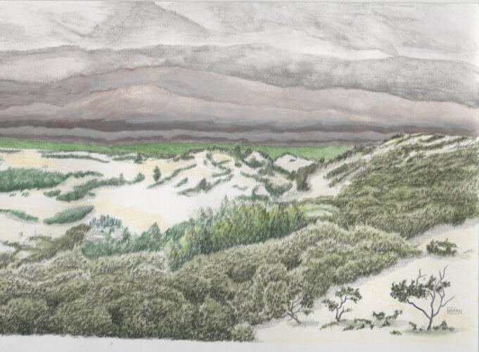 Arrivée des averses orageuses sur les dunes de Middelkerke, le 11 juin 1905. Crédit illustration : Frédéric Godefroid.