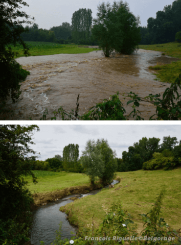 Crue de la Grande Gette à Jauchelette le 23 juillet 2016 (en haut) et comparaison avec le niveau normal (en bas). Crédit photos : François Riguelle