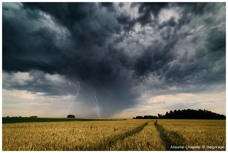 Multiple coups de foudre descendants négatifs observés depuis la région de Ramillies en province de Brabant Wallon vers 20h30, le 6 juillet 2017. Crédit photo : Aliaume Chapelle