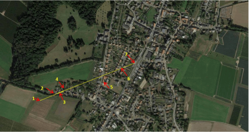 Légende : ligne jaune, trajet probable de la tornade. Source de la carte : Google Maps