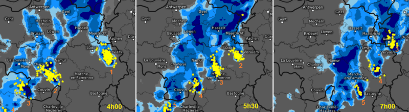 Série d’images radar montrant la progression des précipitations et des foyers orageux en fin de nuit et à l’aube du 17 août 2018. Les orages sont numérotés, le 1 étant le système provoquant les dégâts de Beaumont à la province de Liège. Source des images : Kachelmann Wetter.