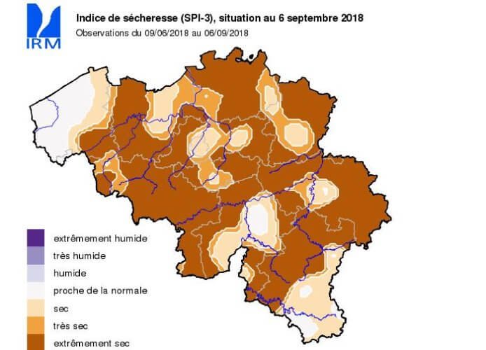 Carte de l'indice de sécheresse en Belgique le 6 septembre 2018. Source : IRM