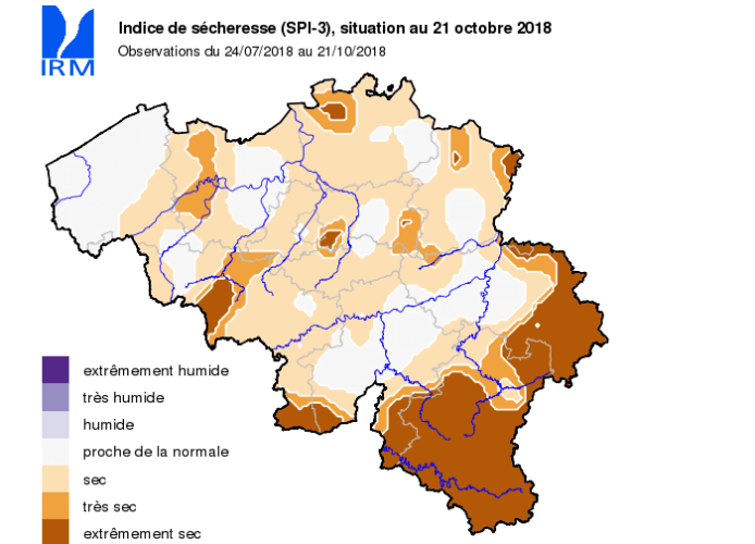 Indice de sécheresse pour la Belgique le 21 octobre 2018. Source : IRM