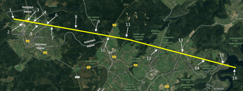 Carte reprenant le parcours de la tornade de Roetgen du 13 mars 2019. Source : Google Maps