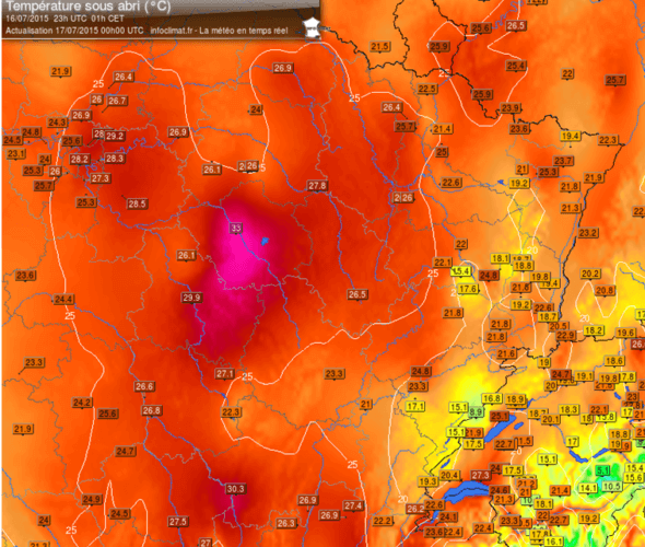 Carte reprenant les températures du 17 août 2015 à 2h00 dans le nord-est de la France, révélant la survenue d'un heat burst. Source : Infoclimat