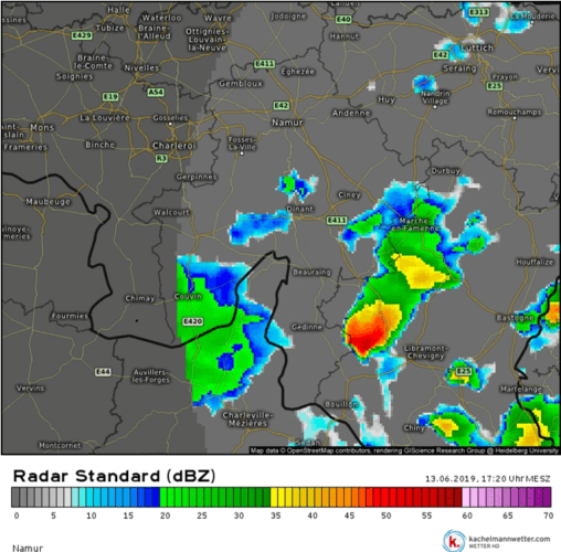 Image radar de la probable supercellule sur l’ouest de la province de Luxembourg, le 13 juin 2019. Source : Kachelmann.