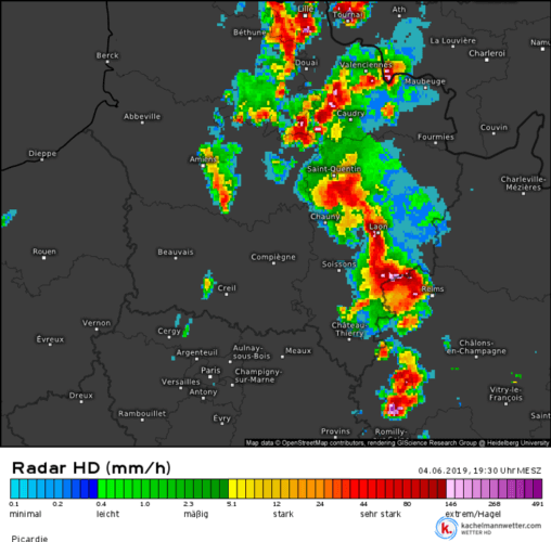 Système orageux organisé en LEWP sur la Marne et l'Aisne, en France, le 4 juin 2019 à 19h30. Source : Kachelmann