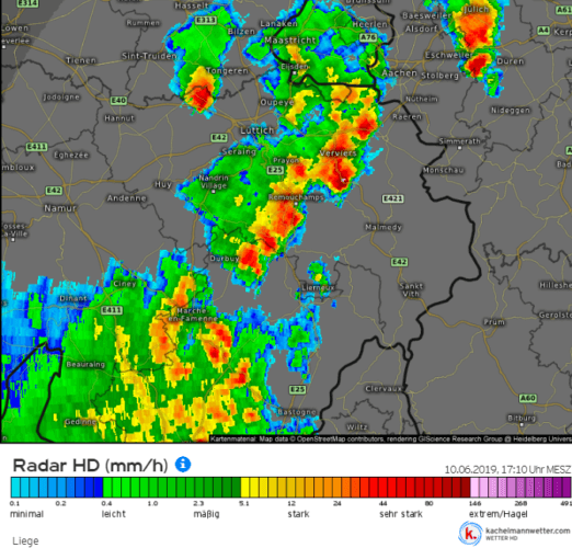 Image radar de la probable supercellule sur la région de Momalle en province de Liège, le 10 juin 2019 à 17h10. Source : Kachelmann.