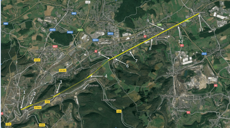 Carte illustrant le parcours de la tornade de Pétange, le 9 août 2019 au Luxembourg et en France. Source : Google Maps