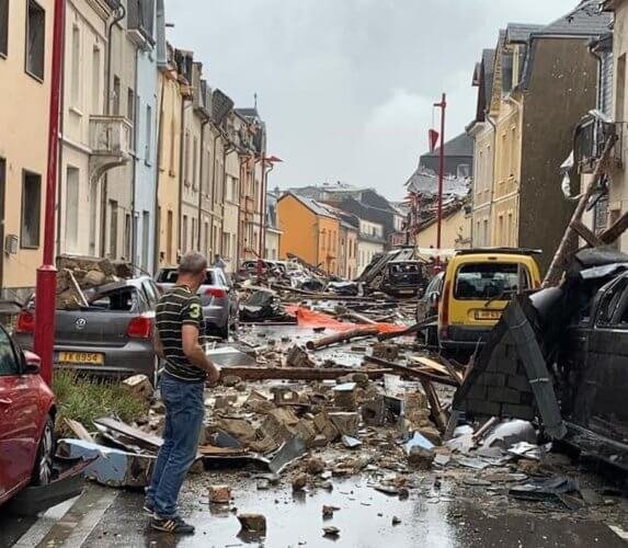 Dégâts constatés à Pétange, au Grand-Duché de Luxembourg, après le passage d'une tornade le 9 août 2019. Crédit photo : CGDIS