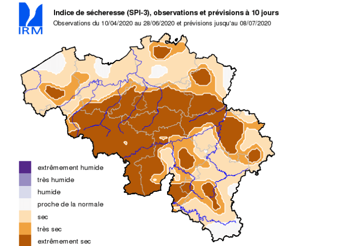 Indice de sécheresse en Belgique au 28 juin 2020. Source : IRM