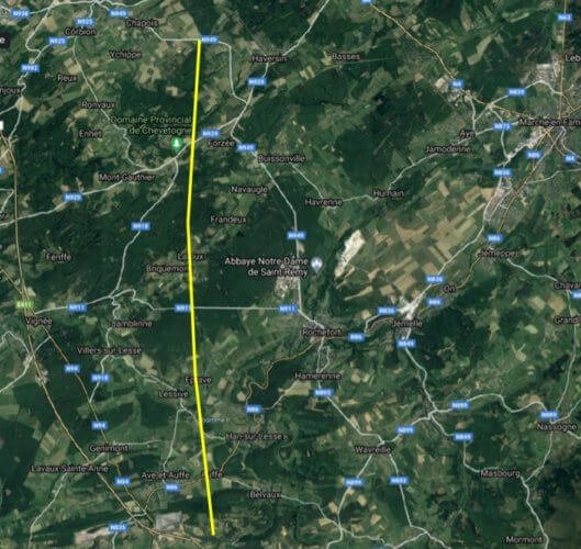 Trajectoire de la tornade d'Eprave et Laloux sur base des enquêtes de terrain effectuées par Belgorage (fond de carte : Google Maps).