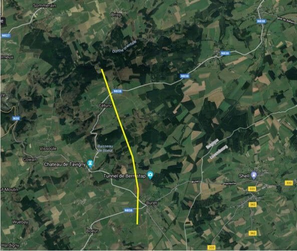 Trajectoire de la tornade de Bernistap d'après les enquêtes de terrain effectuées par Belgorage. Illustration : Google Maps