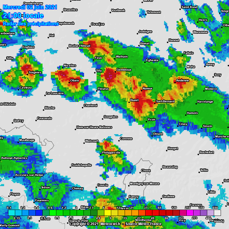Radar de précipitations à 21h00, le 2 juin 2021. Source : Meteociel.