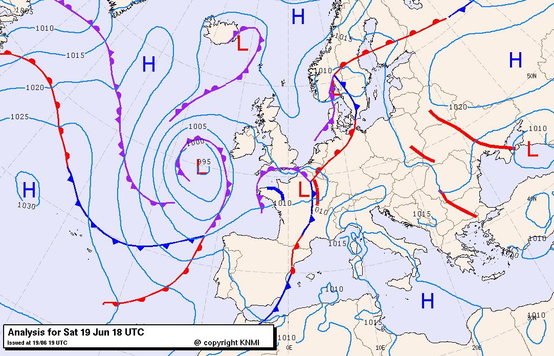 Analyse de surface du 19 juin 2021 à 20h00. Source : KNMI