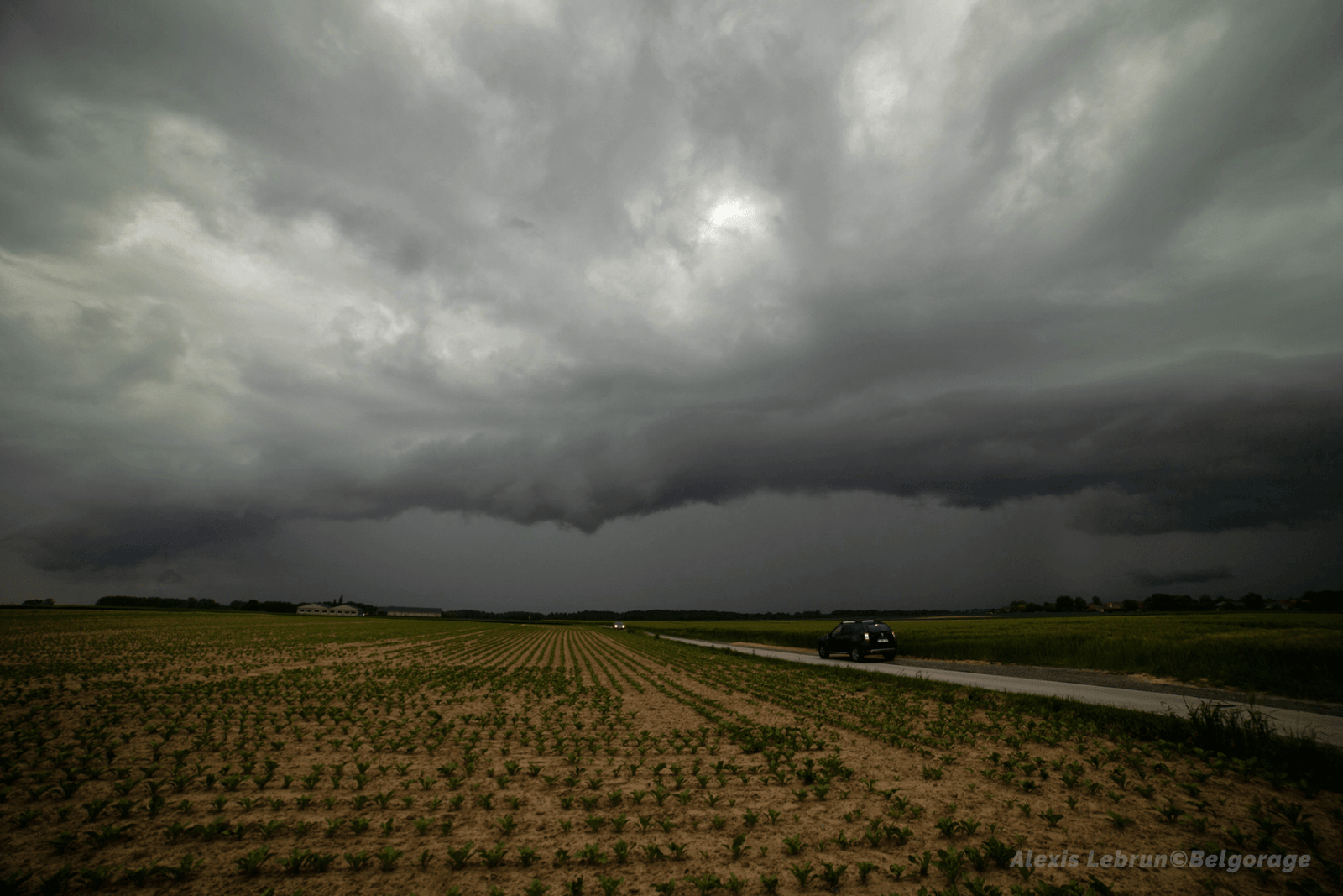 Arcus précédant la masse pluvio-orageuse en phase d'effondrement, depuis la région de Beauvechain, en province de Brabant Wallon, le 4 juin 2021 à 18h45.