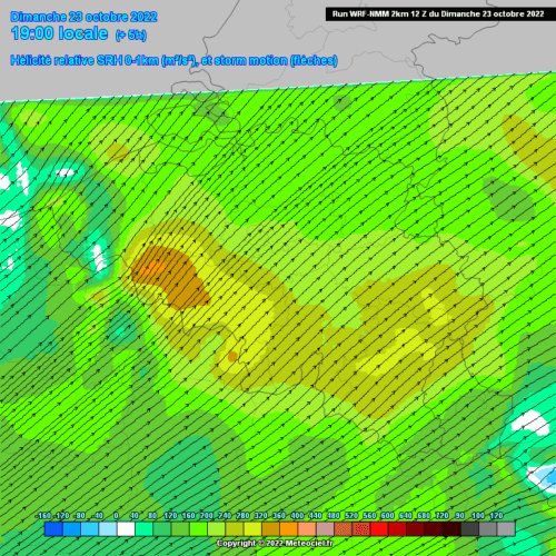 Image illustrant l'hélicité relative (SRH01) issus du modèle WRF-2km, à 19h00 le 23 octobre 2022. Nous remarquons que les cisaillements en basses couches sont élevées sur l'ouest du Hainaut).  Source : Meteociel 