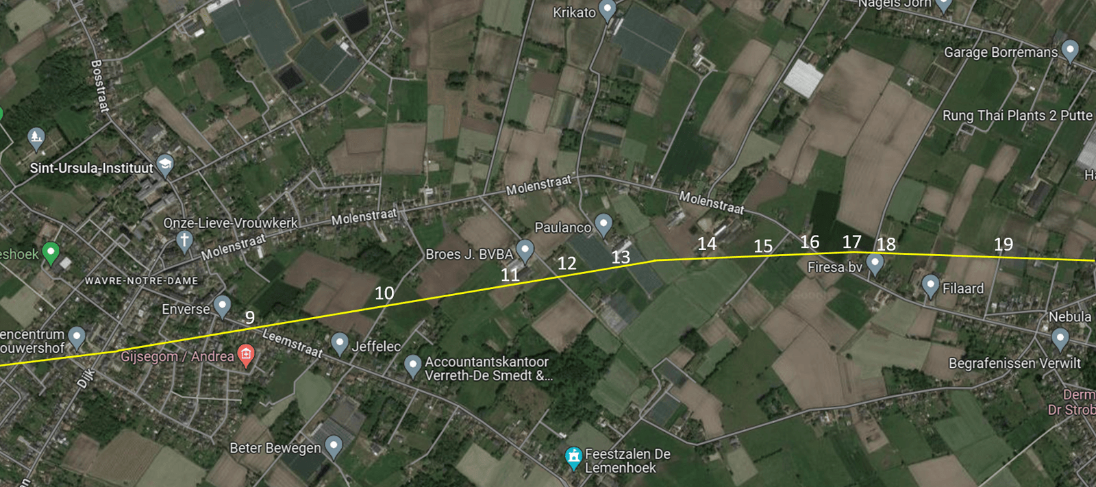 Carte illustrant le parcours de la tornade entre Wavre-Notre-Dame et Putte. Fond de carte : Google Maps.