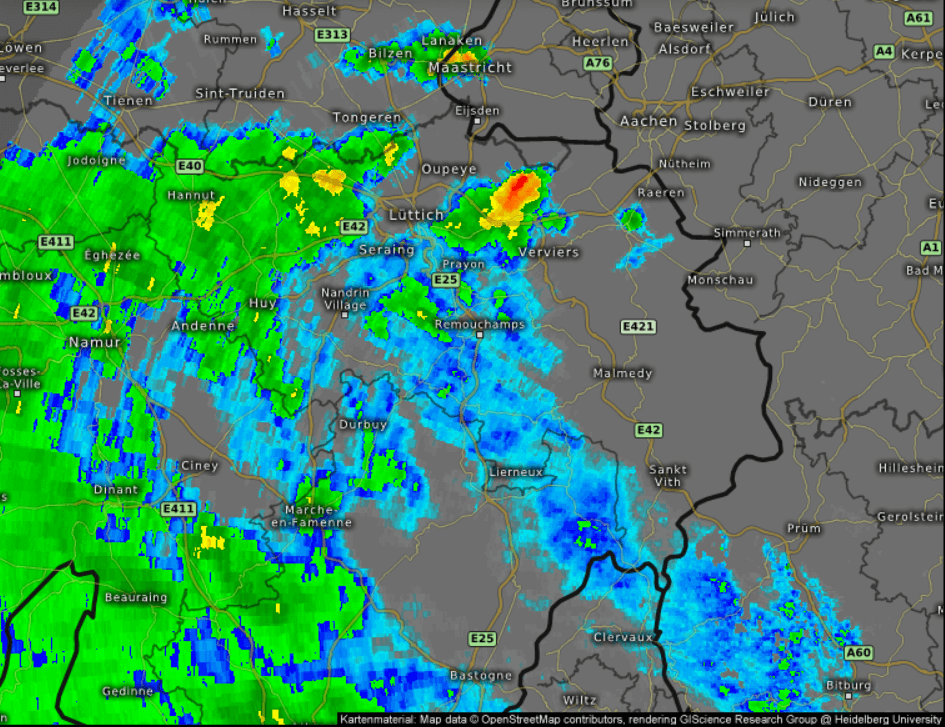 Radar des précipitations centré sur la province de Liège, le 17 mai 2024 à 22h00. Source : Kachelmannwetter