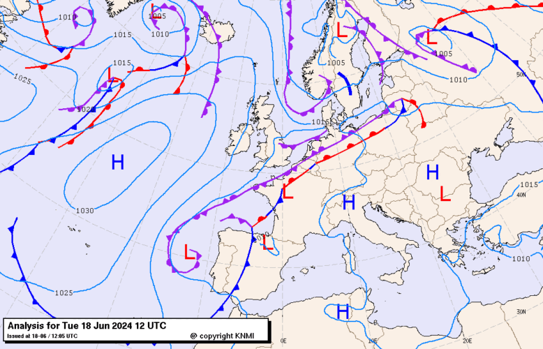 Analyse de surface du 18 juin 2024 à 14h00 heure belge. Source: KNMI.
