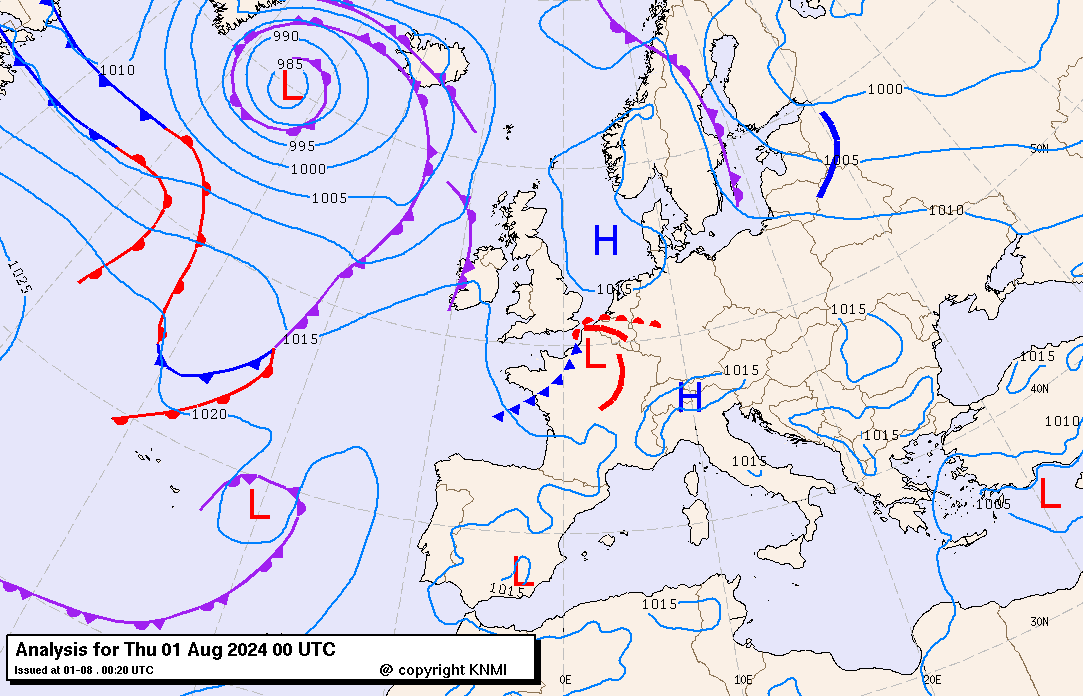 Analyse de surface du 1er août 2024 à 2h00. Source : KNMI.