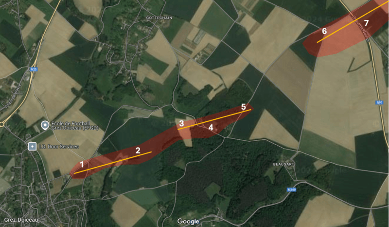 Carte illustrant le parcours de la tornade à Grez-Doiceau. Fond de carte : Google Maps