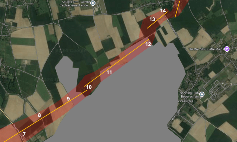 Carte illustrant le parcours de la tornade au niveau de la base militaire de Beauvechain (zone grise). Fond de carte : Google Maps