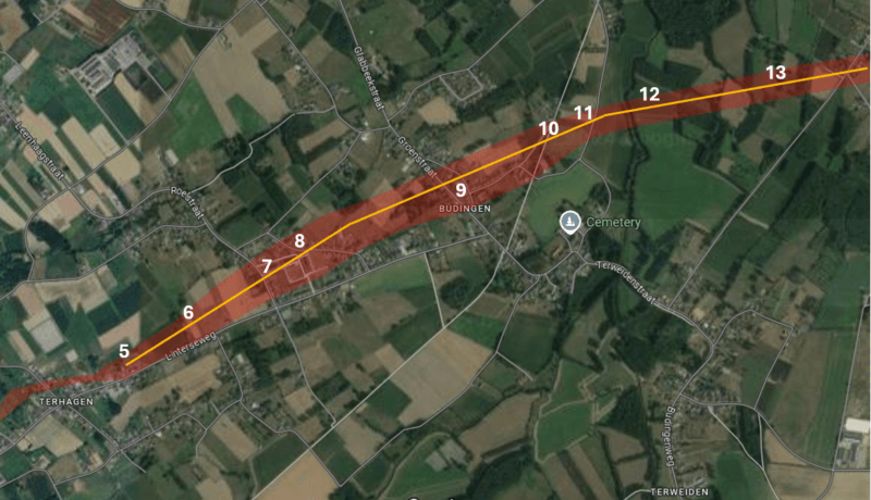 Carte illustrant le parcours de la tornade à Budingen. Fond de carte : Google Maps