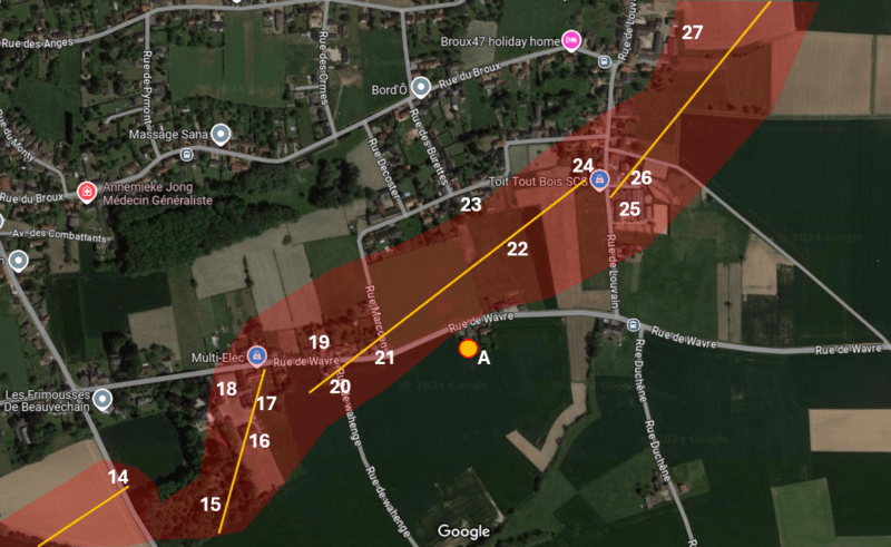 Carte illustrant le parcours de la tornade sur le quartier des Burettes à Beauvechain. Fond de carte : Google Maps