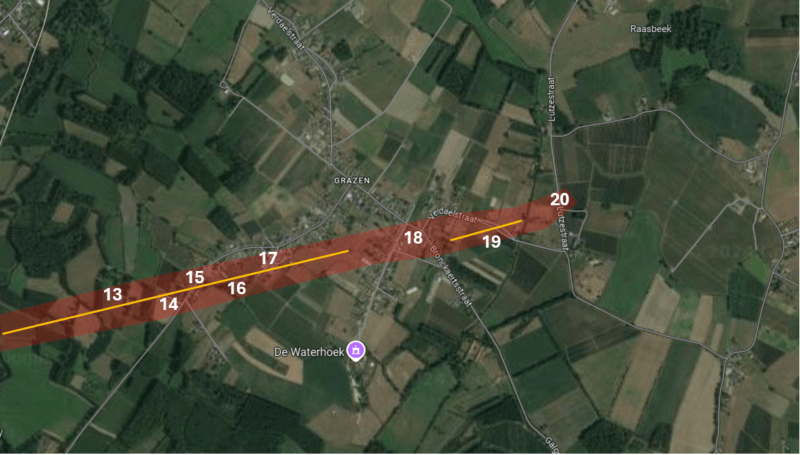 Carte illustrant le parcours de la tornade à Grazen. Fond de carte : Google Maps