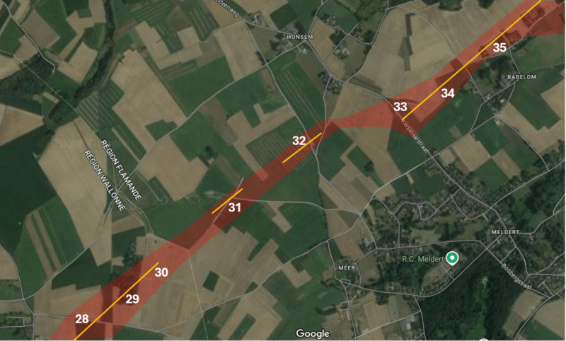 Carte illustrant le parcours de la tornade dans la plaine agricole entre Beauvechain et Meldert. Fond de carte : Google Maps