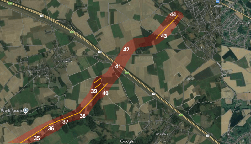 Carte illustrant le parcours de la tornade en province du Brabant Flamand. Fond de carte : Google Maps