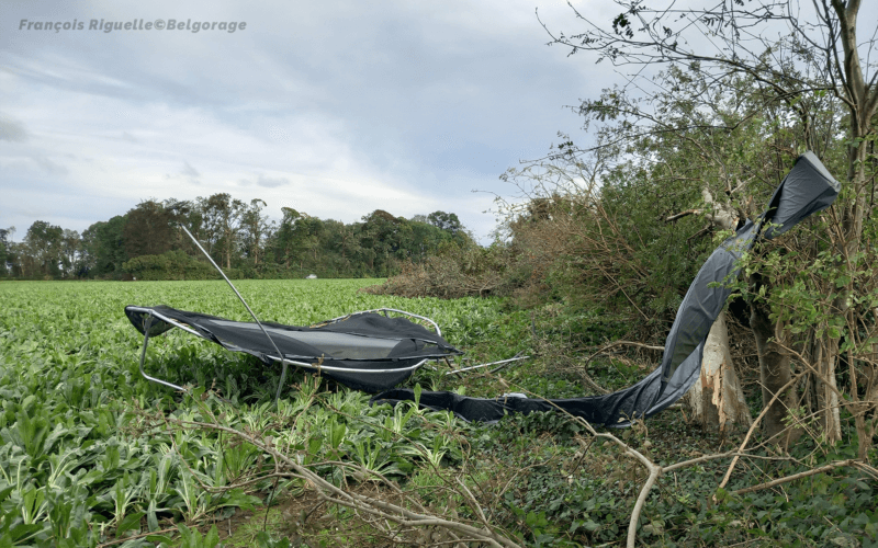 Trampoline aspiré et dégâts visibles sur un alignement d'arbres (13). Crédit photo : François Riguelle