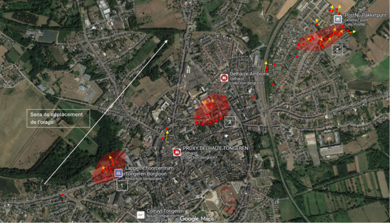 Carte reprenant une vue d'ensemble des dégâts inventoriés à Tongres, en province de Limbourg, suite au phénomène venteux du 13 septembre 2025. Fond de carte : Google Maps