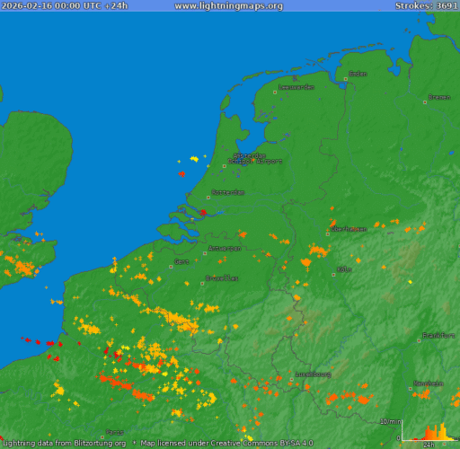 Activité électrique détectée durant la journée du 16 février 2026. Source : Lighningmaps