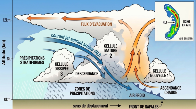 Coupe de synthèse d'un écho en arc structuré par un courant-jet entrant arrière (rear inflow jet). Généré par IA (Gemini)