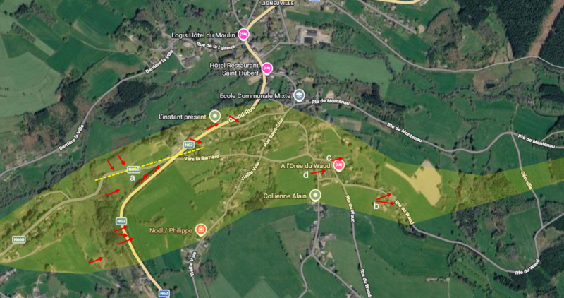 Carte illustrant le couloir approximatif des dégâts (en jaune) avec l'orientation des dégâts étudiés (flèches rouges) et les axes de convergence observés (tirets jaunes). Fond de carte : Google Maps